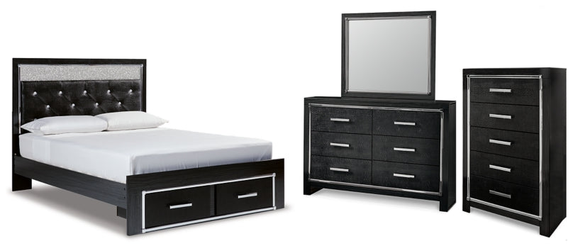 Kaydell Queen Upholstered Panel Storage Bed with Mirrored Dresser and Chest - furniture place usa