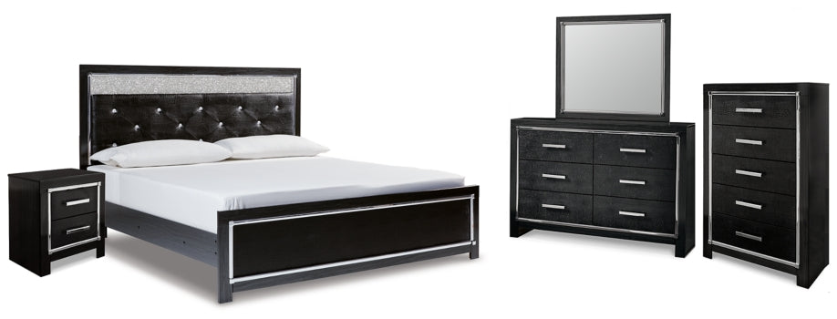 Kaydell King Upholstered Panel Platform Bed with Mirrored Dresser, Chest and Nightstand - furniture place usa