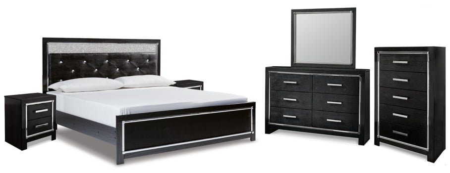 Kaydell King Upholstered Panel Bed with Mirrored Dresser, Chest and 2 Nightstands - furniture place usa