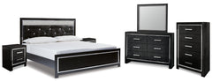 Kaydell King Upholstered Panel Bed with Mirrored Dresser, Chest and 2 Nightstands - furniture place usa