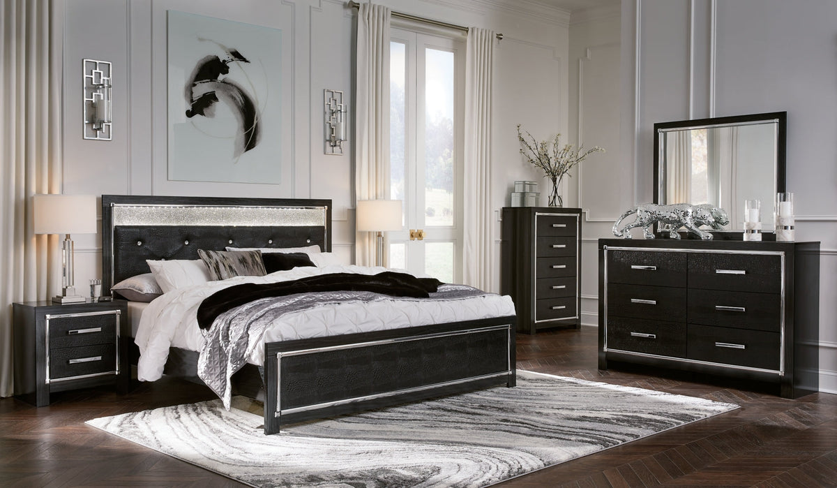 Kaydell King Upholstered Panel Bed with Mirrored Dresser, Chest and 2 Nightstands - furniture place usa