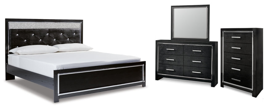 Kaydell King Upholstered Panel Platform Bed with Mirrored Dresser and Chest - furniture place usa