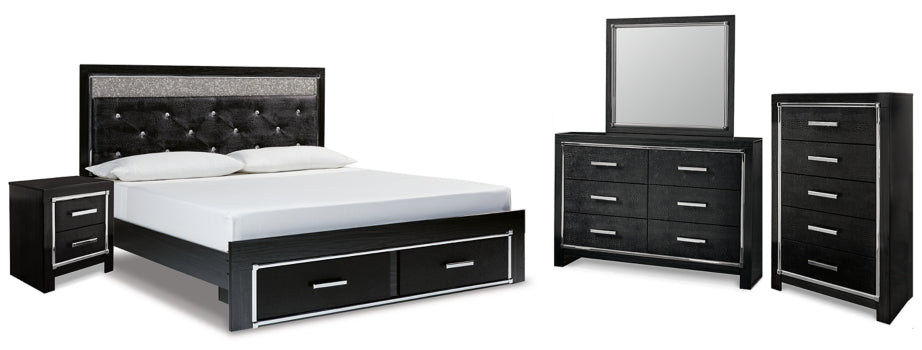 Kaydell King Upholstered Panel Storage Platform Bed with Mirrored Dresser, Chest and Nightstand - furniture place usa