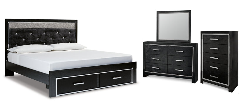 Kaydell King Upholstered Panel Storage Bed with Mirrored Dresser and Chest - furniture place usa