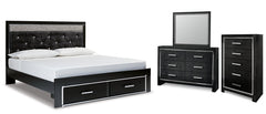 Kaydell King Upholstered Panel Storage Bed with Mirrored Dresser and Chest - furniture place usa