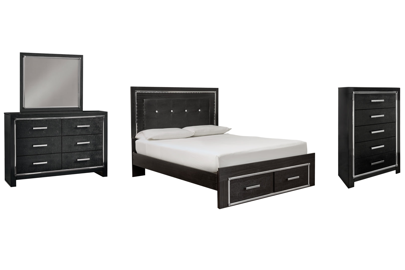 Kaydell Queen Panel Bed with Storage with Mirrored Dresser and Chest - furniture place usa