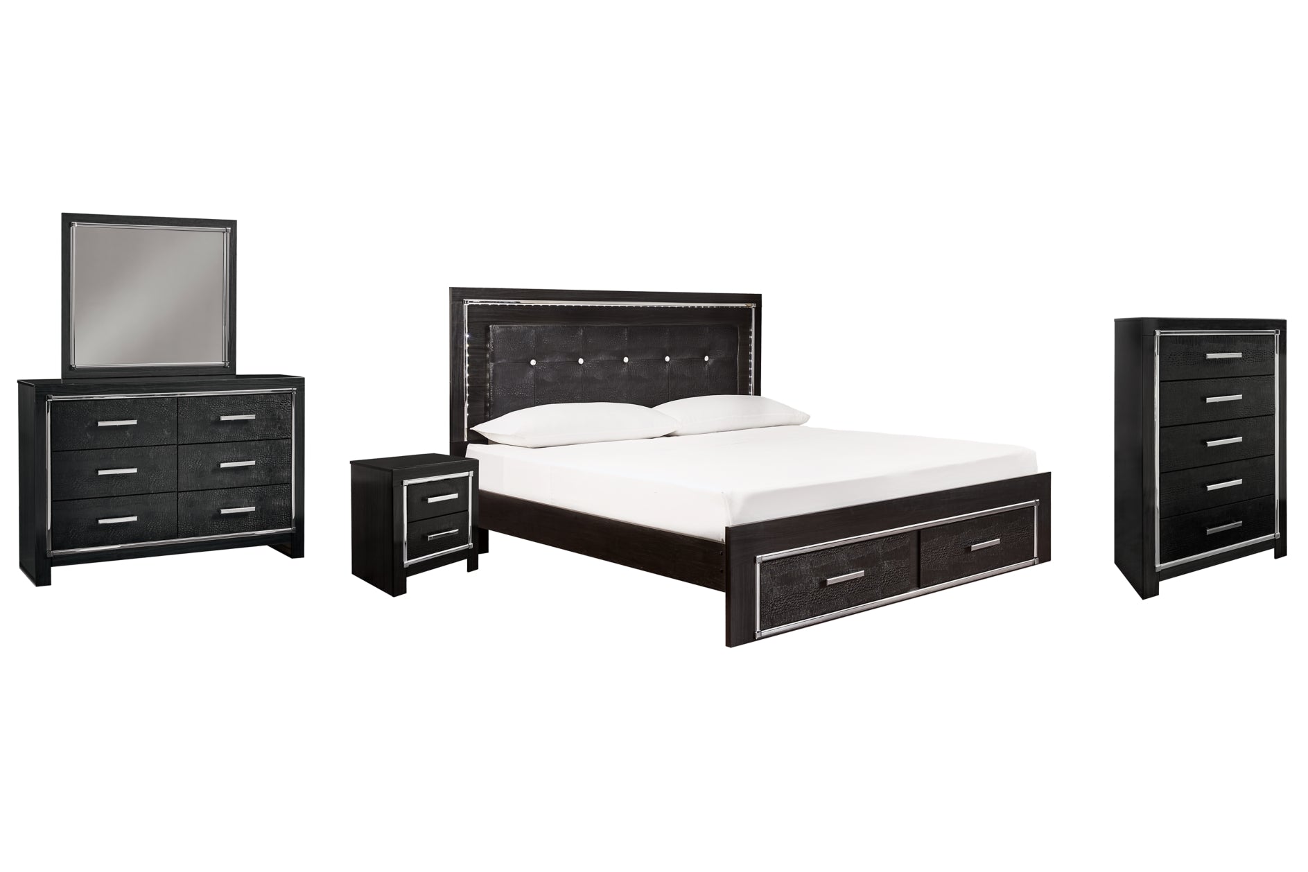 Kaydell King Panel Bed with Storage with Mirrored Dresser, Chest and Nightstand - furniture place usa