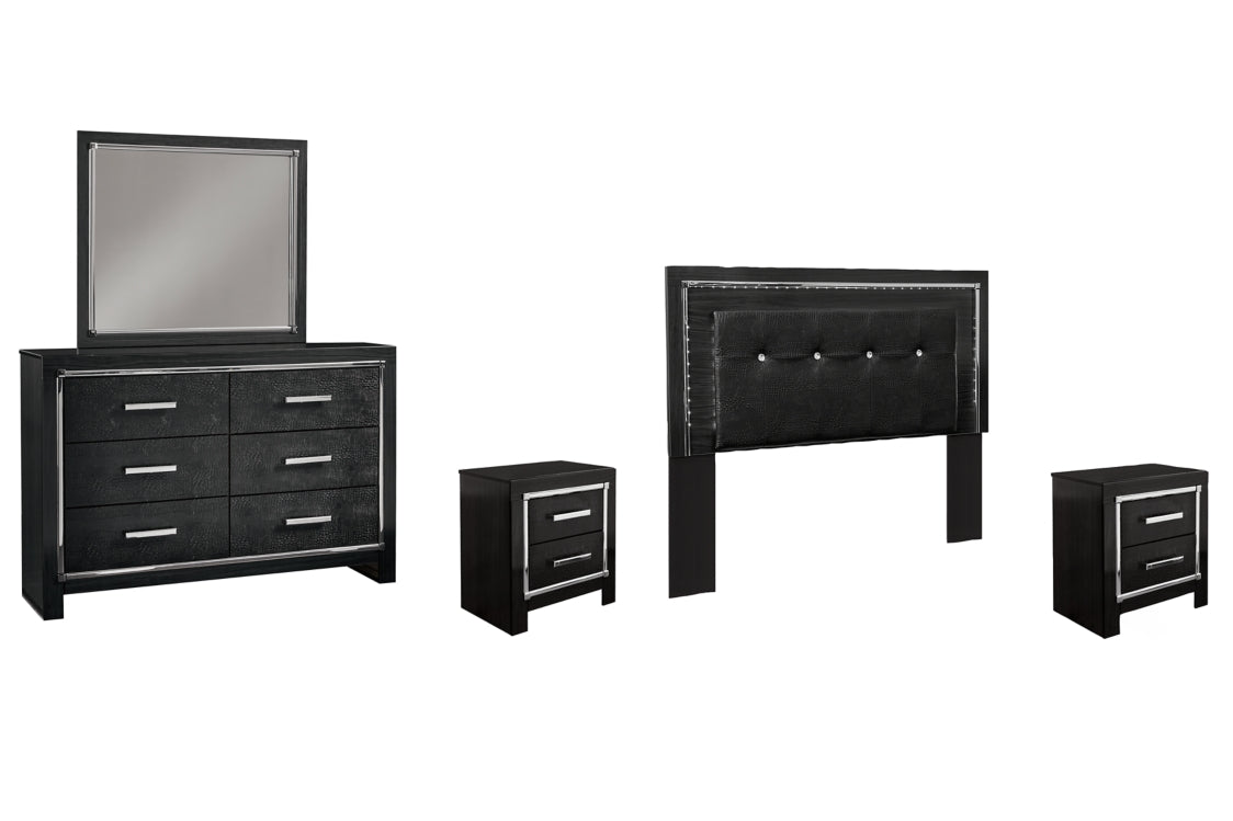 Kaydell Queen/Full Upholstered Panel Headboard Bed with Mirrored Dresser and 2 Nightstands - furniture place usa
