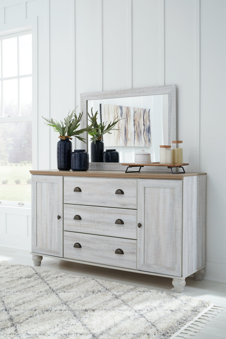 Haven Bay Full Panel Bed with Mirrored Dresser, Chest and 2 Nightstands - furniture place usa