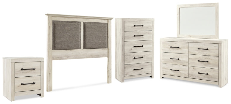 Cambeck Queen Upholstered Panel Headboard with Mirrored Dresser, Chest and Nightstand - furniture place usa