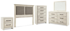 Cambeck Queen Upholstered Panel Headboard with Mirrored Dresser, Chest and Nightstand - furniture place usa