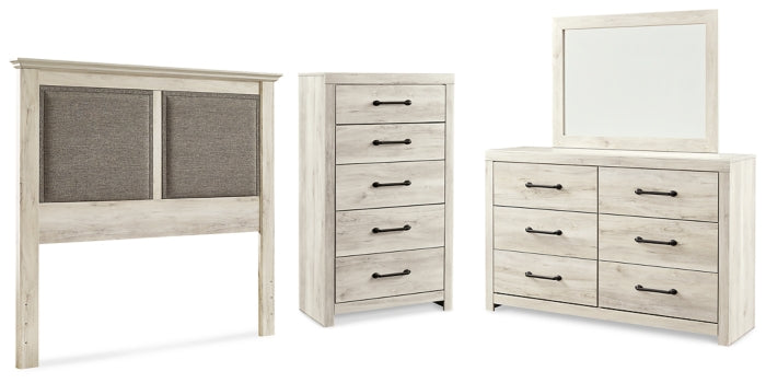 Cambeck Queen Upholstered Panel Headboard with Mirrored Dresser and Chest - furniture place usa