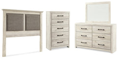 Cambeck Queen Upholstered Panel Headboard with Mirrored Dresser and Chest - furniture place usa