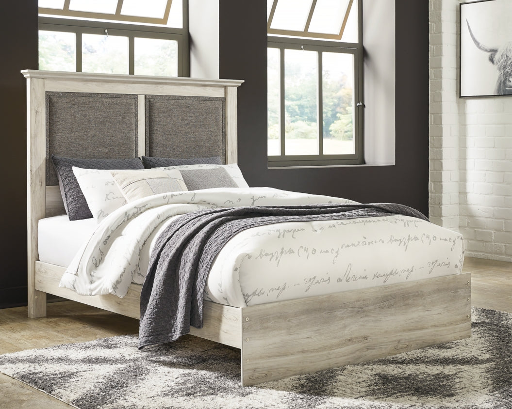 Cambeck King Upholstered Panel Bed with Mirrored Dresser and Chest - furniture place usa