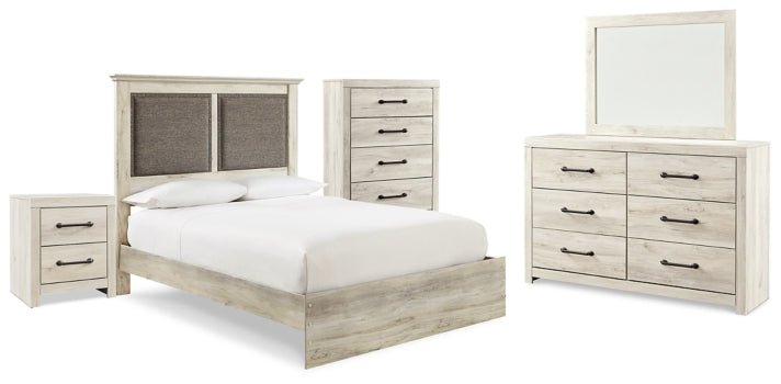 Cambeck Queen Upholstered Panel Bed with Mirrored Dresser, Chest and Nightstand - furniture place usa