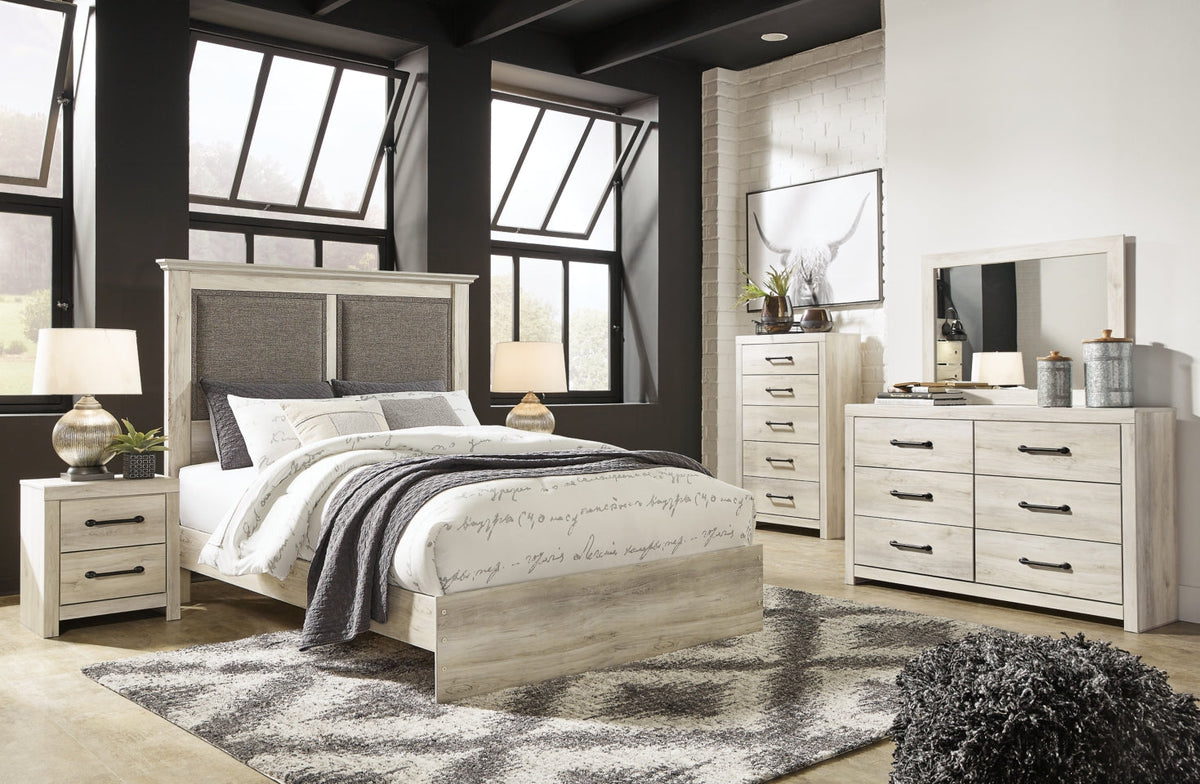 Cambeck Queen Upholstered Panel Bed with Mirrored Dresser, Chest and 2 Nightstands - furniture place usa