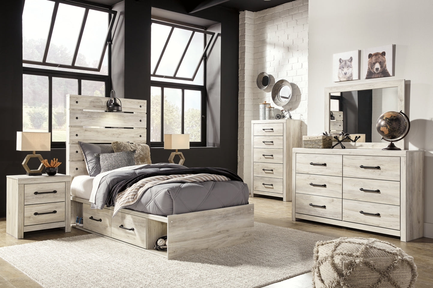 Cambeck Twin Panel Bed with 2 Storage Drawers with Mirrored Dresser, Chest and 2 Nightstands - furniture place usa