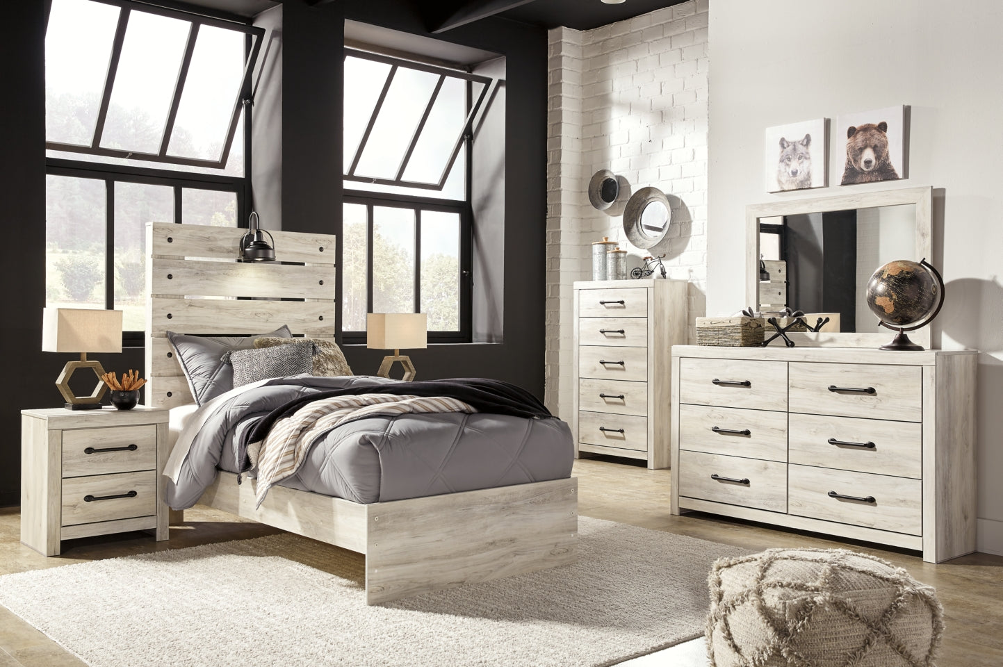 Cambeck Twin Panel Bed with Mirrored Dresser, Chest and Nightstand - furniture place usa