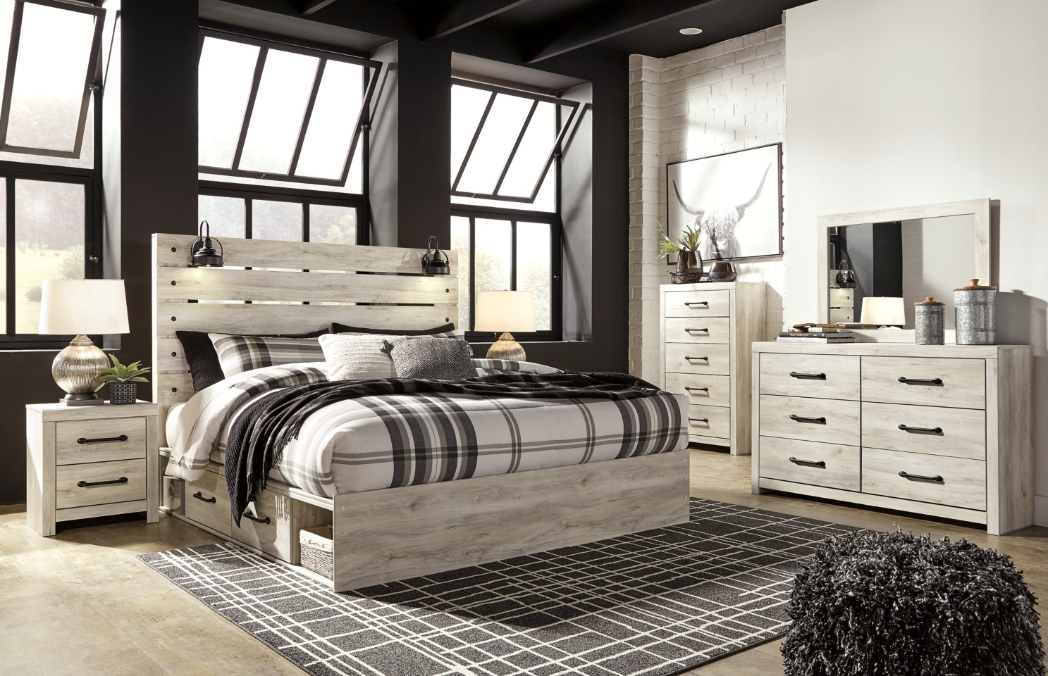 Cambeck Queen Panel Bed with 4 Storage Drawers with Mirrored Dresser, Chest and Nightstand - furniture place usa