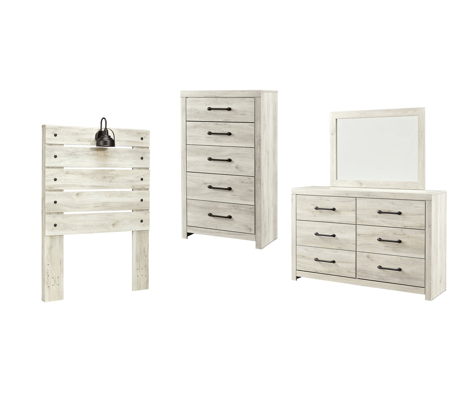 Cambeck Twin Panel Headboard Bed with Mirrored Dresser and Chest - furniture place usa