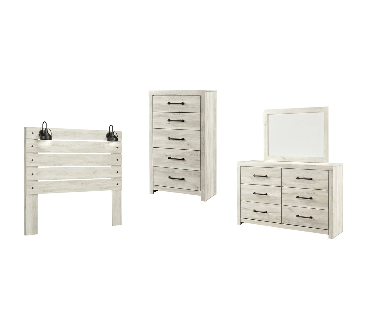 Cambeck Twin Panel Headboard Bed with Mirrored Dresser and Chest - furniture place usa