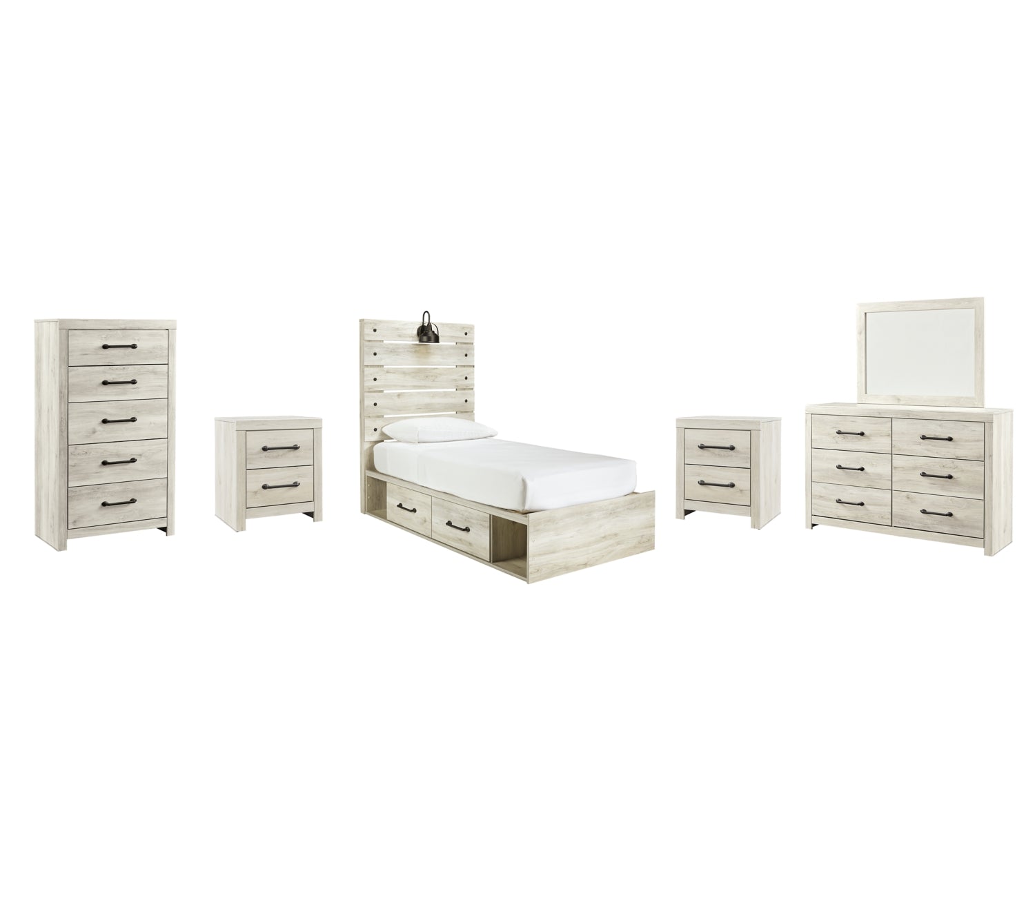 Cambeck Twin Panel Bed with 2 Storage Drawers with Mirrored Dresser, Chest and 2 Nightstands - furniture place usa