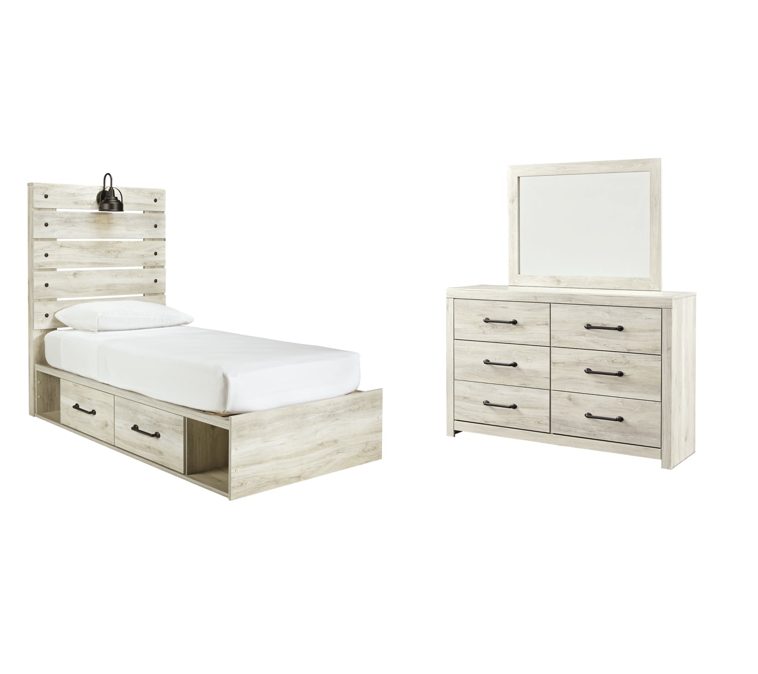 Cambeck Twin Panel Bed with 2 Storage Drawers with Mirrored Dresser - furniture place usa