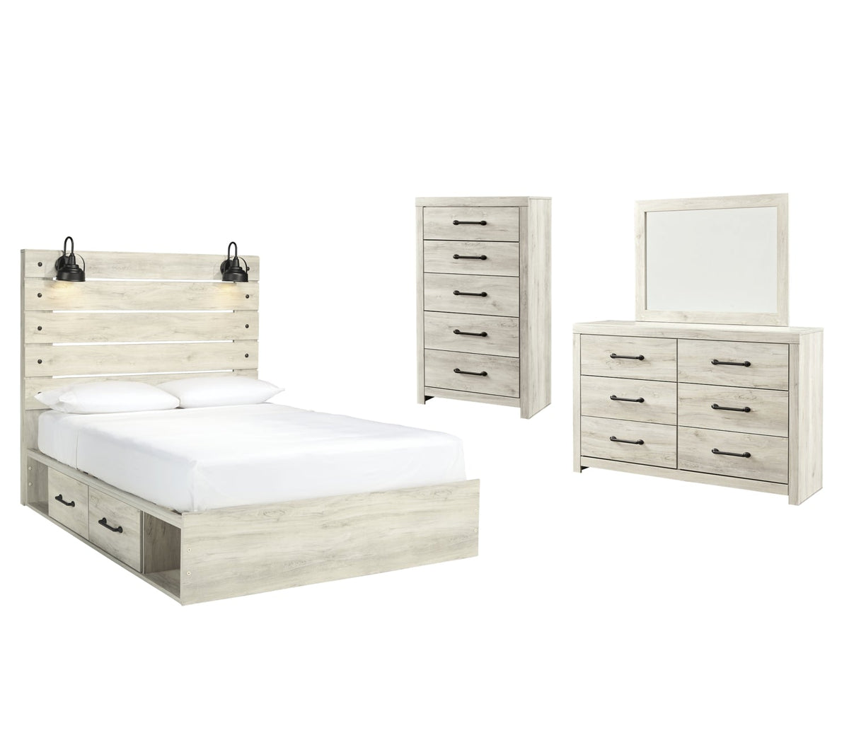 Cambeck Twin Panel Bed with 2 Storage Drawers with Mirrored Dresser and Chest - furniture place usa