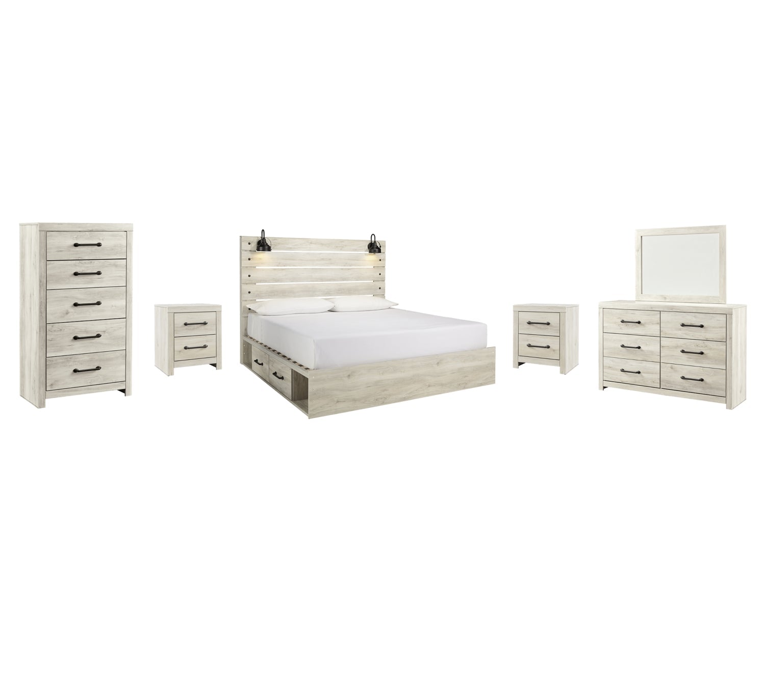 Cambeck Twin Panel Bed with 2 Storage Drawers with Mirrored Dresser, Chest and 2 Nightstands - furniture place usa