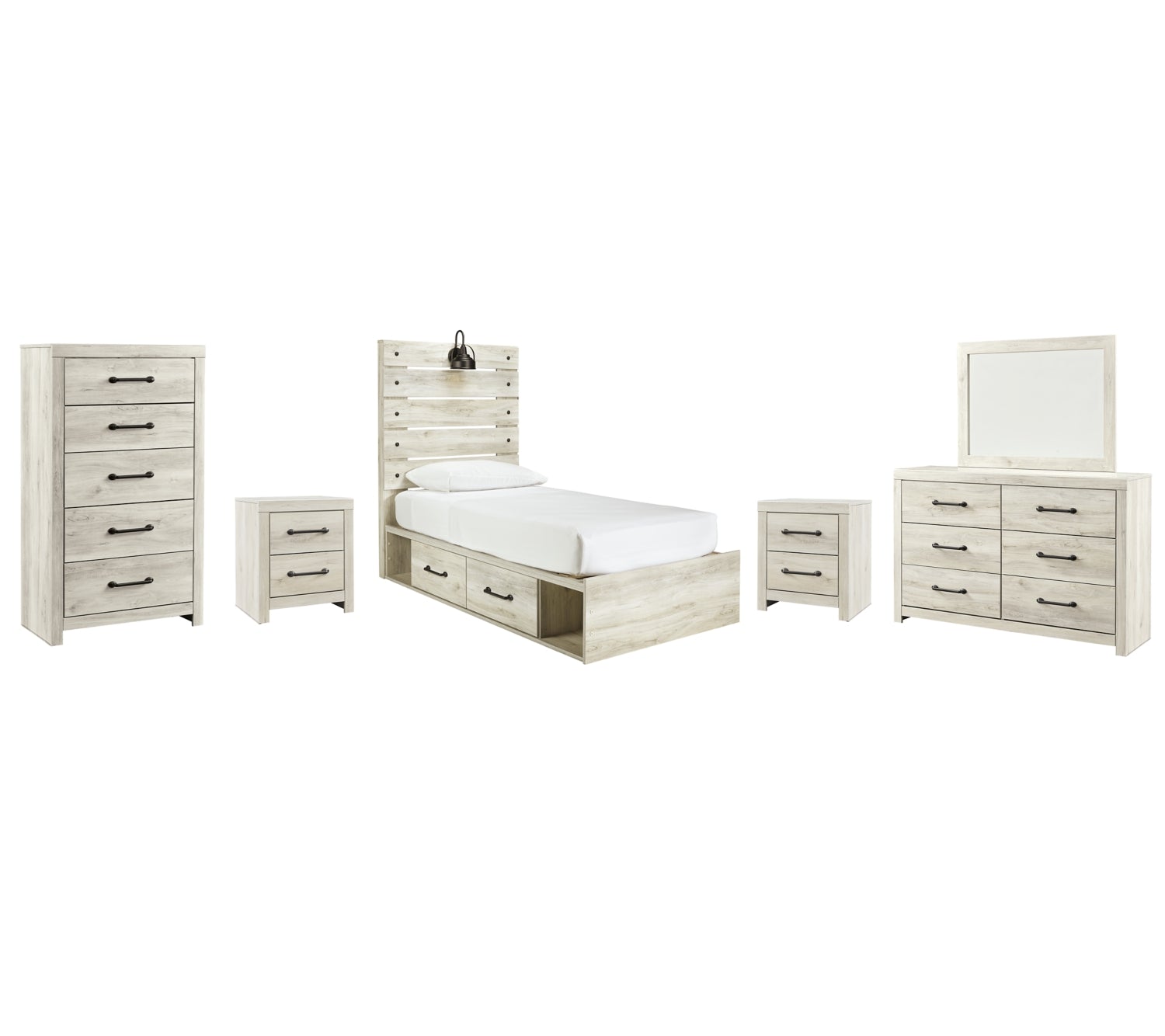 Cambeck Twin Panel Bed with 4 Storage Drawers with Mirrored Dresser, Chest and 2 Nightstands - furniture place usa