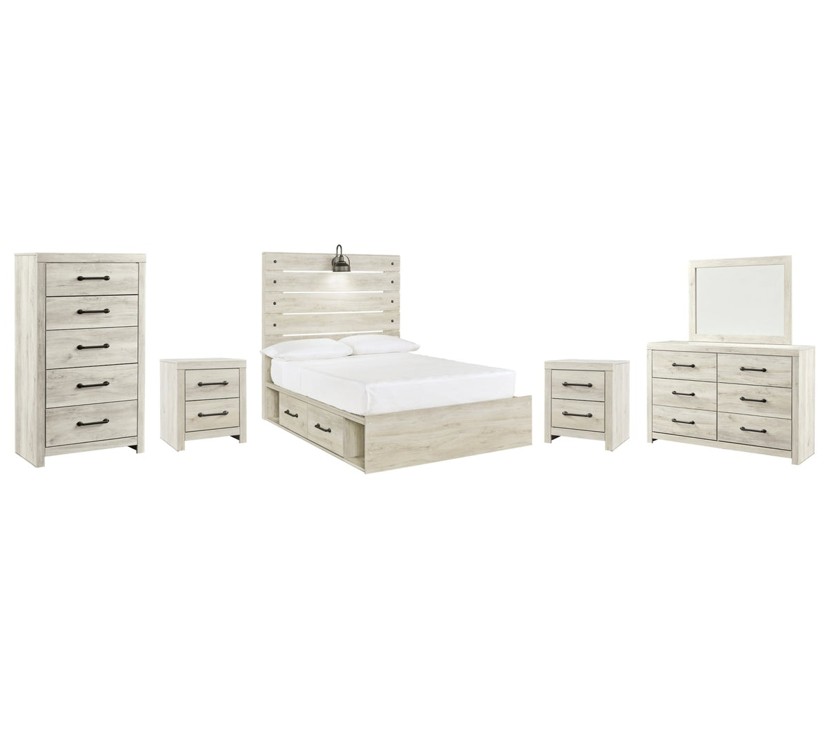 Cambeck Full Panel Bed with 4 Storage Drawers with Mirrored Dresser, Chest and 2 Nightstands - furniture place usa