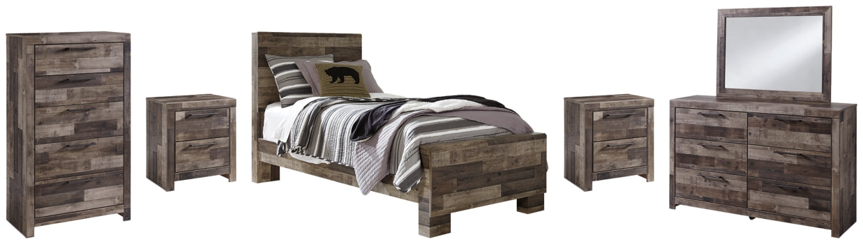 Derekson Twin Panel Bed with Mirrored Dresser, Chest and 2 Nightstands - furniture place usa