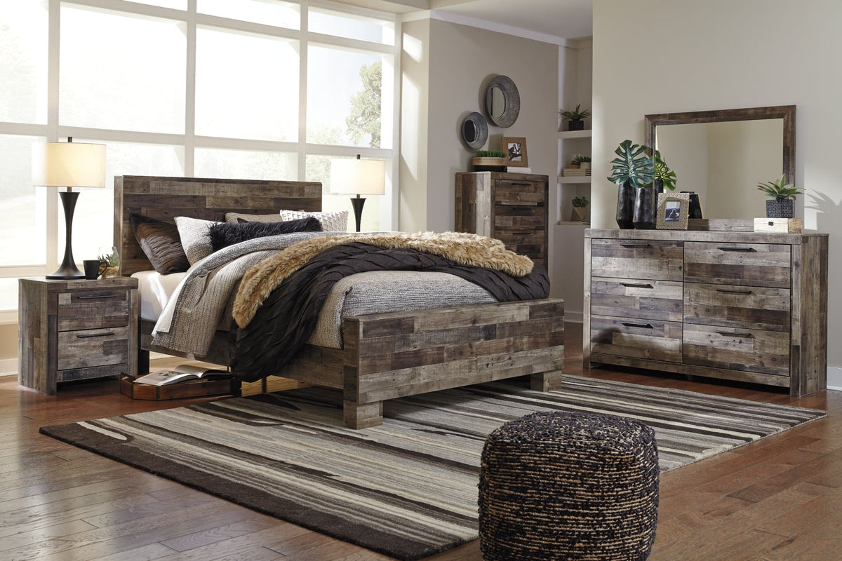 Derekson Queen Panel Bed with Mirrored Dresser, Chest and 2 Nightstands - furniture place usa
