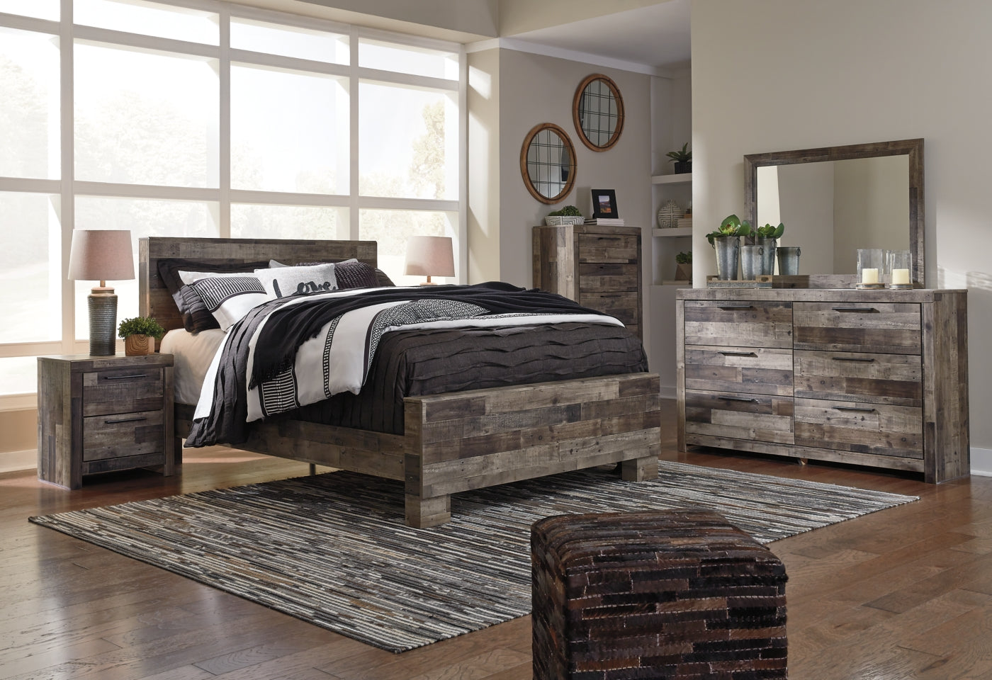 Derekson Queen Panel Bed with Mirrored Dresser, Chest and Nightstand - furniture place usa
