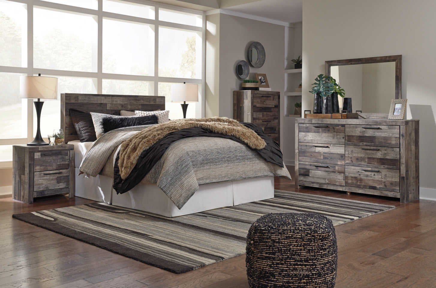 Derekson Queen/Full Panel Headboard Bed with Mirrored Dresser, Chest and Nightstand - furniture place usa