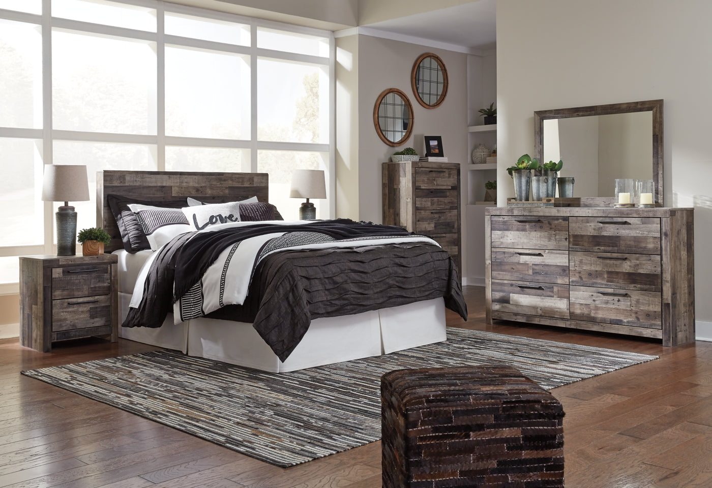 Derekson Queen/Full Panel Headboard Bed with Mirrored Dresser, Chest and Nightstand - furniture place usa