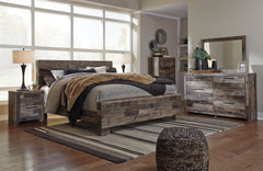 Derekson King Panel Bed with Mirrored Dresser, Chest and Nightstand - furniture place usa