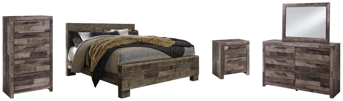 Derekson King Panel Bed with Mirrored Dresser, Chest and Nightstand - furniture place usa