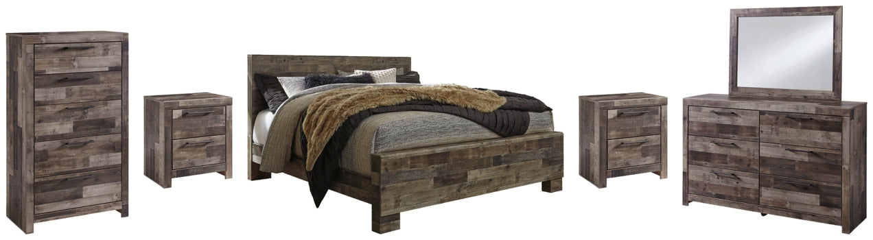Derekson King Panel Bed with Mirrored Dresser, Chest and 2 Nightstands - furniture place usa