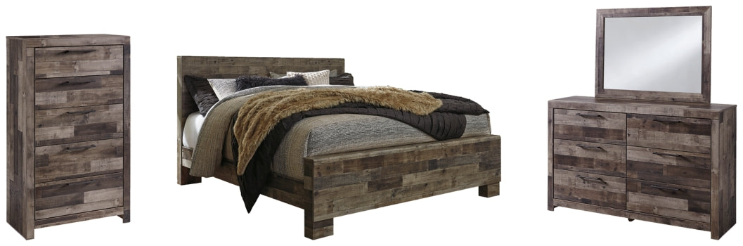 Derekson King Panel Bed with Mirrored Dresser and Chest - furniture place usa