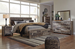 Derekson King Panel Bed with 2 Storage Drawers with Mirrored Dresser, Chest and 2 Nightstands - furniture place usa