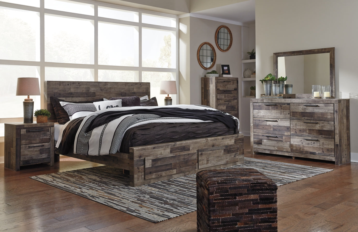 Derekson King Panel Bed with 2 Storage Drawers with Mirrored Dresser, Chest and 2 Nightstands - furniture place usa
