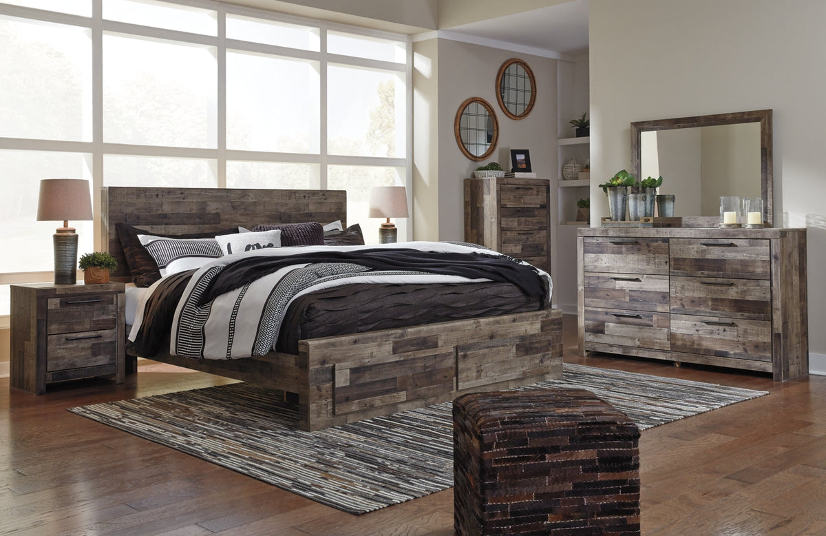 Derekson King Panel Bed with 2 Storage Drawers with Mirrored Dresser, Chest and 2 Nightstands - furniture place usa
