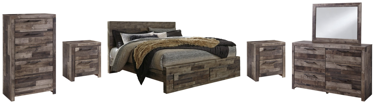 Derekson King Panel Bed with 2 Storage Drawers with Mirrored Dresser, Chest and 2 Nightstands - furniture place usa