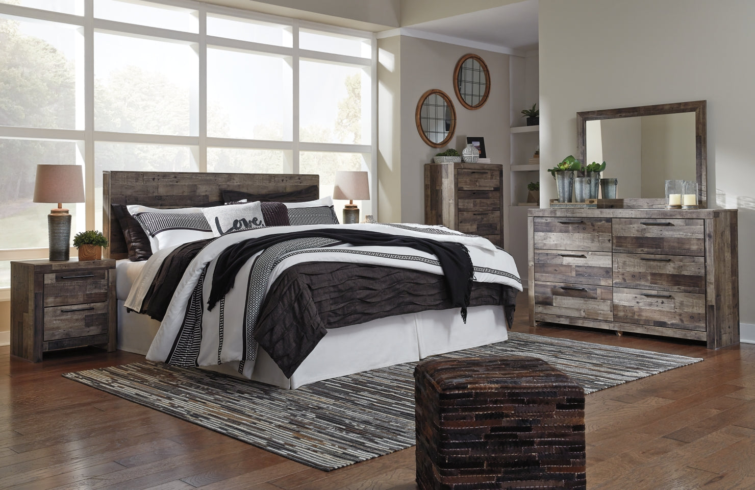 Derekson King Panel Headboard Bed with Mirrored Dresser, Chest and 2 Nightstands - furniture place usa