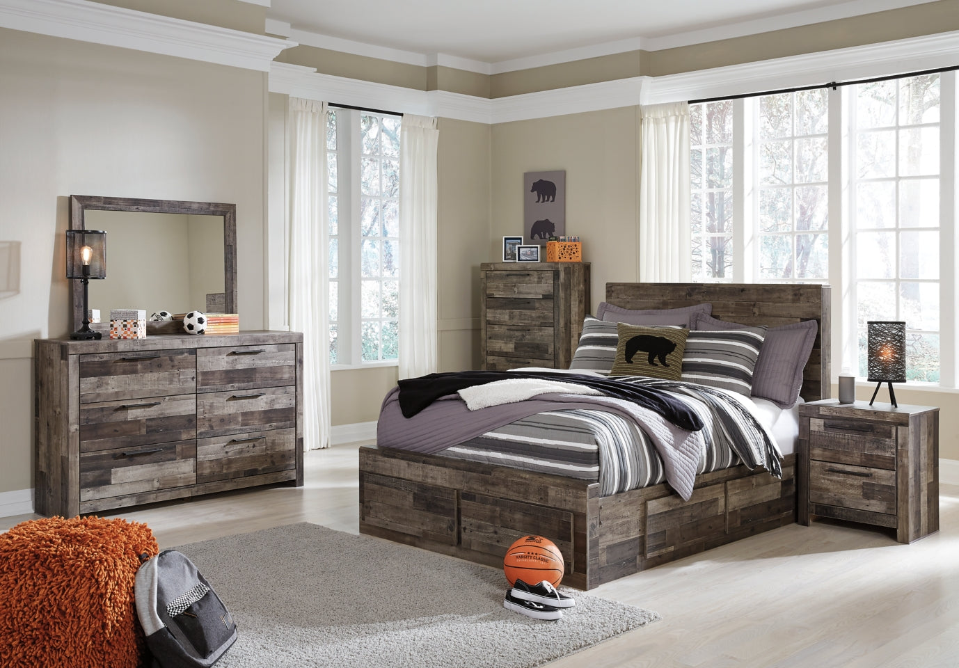 Derekson Full Panel Bed with 6 Storage Drawers with Mirrored Dresser, Chest and Nightstand - furniture place usa