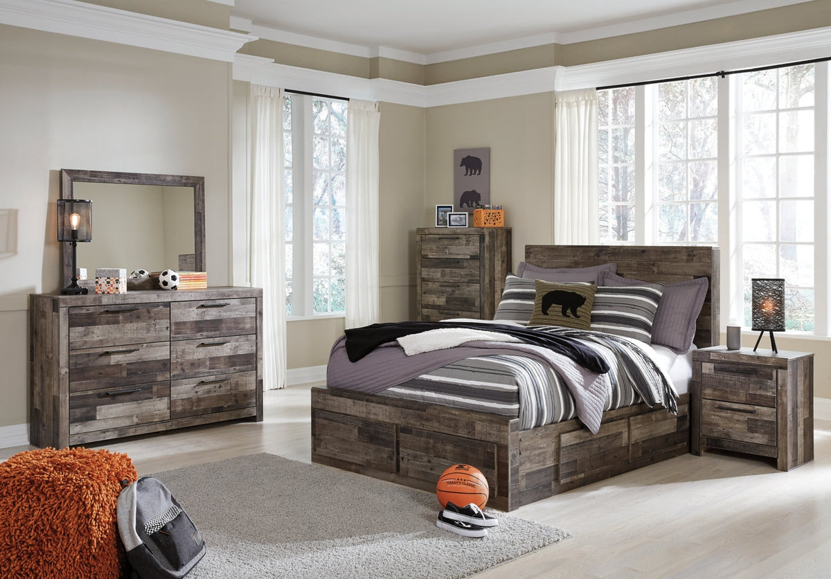 Derekson Full Panel Bed with 6 Storage Drawers with Mirrored Dresser, Chest and Nightstand - furniture place usa