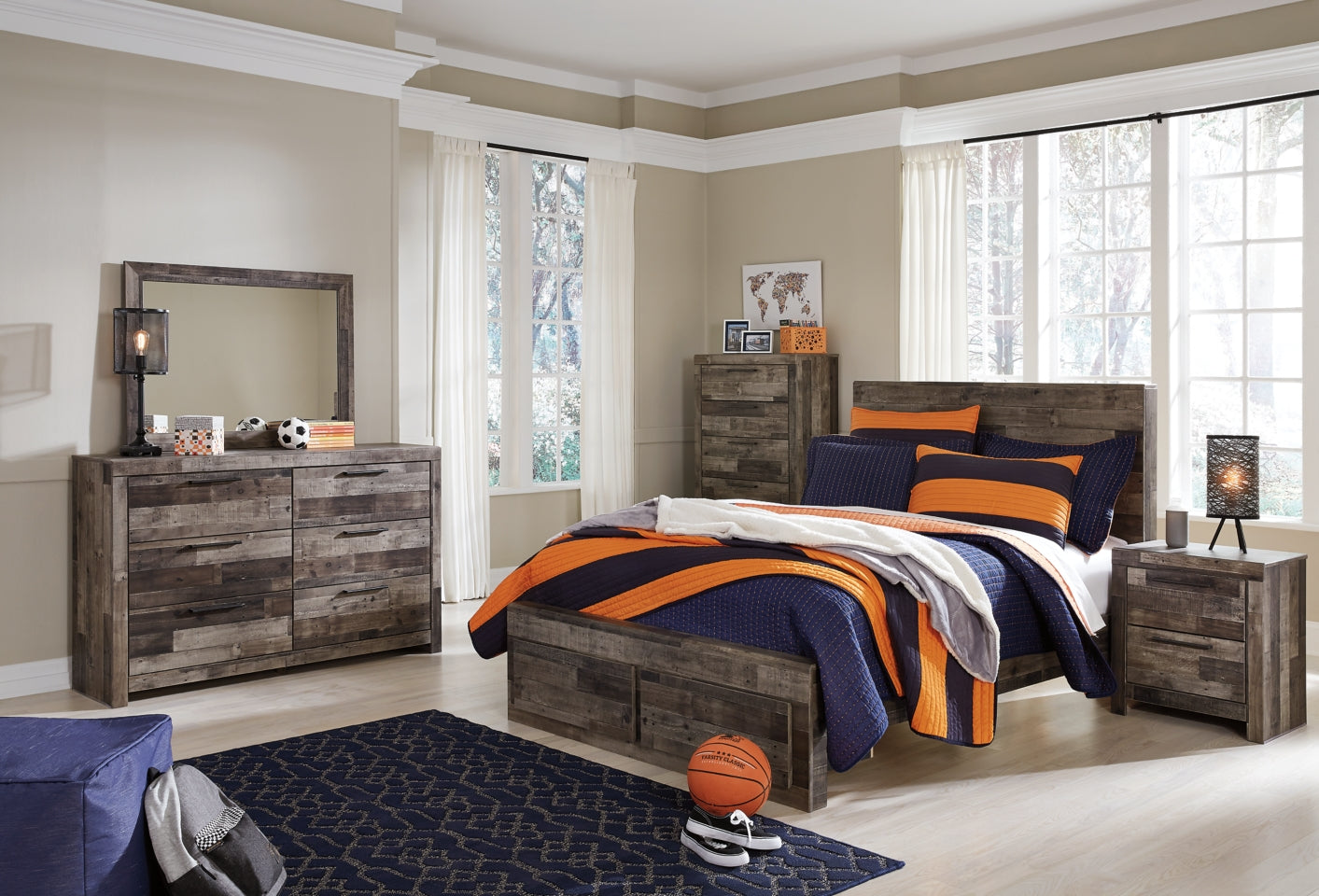 Derekson Full Panel Bed with 2 Storage Drawers with Mirrored Dresser, Chest and Nightstand - furniture place usa