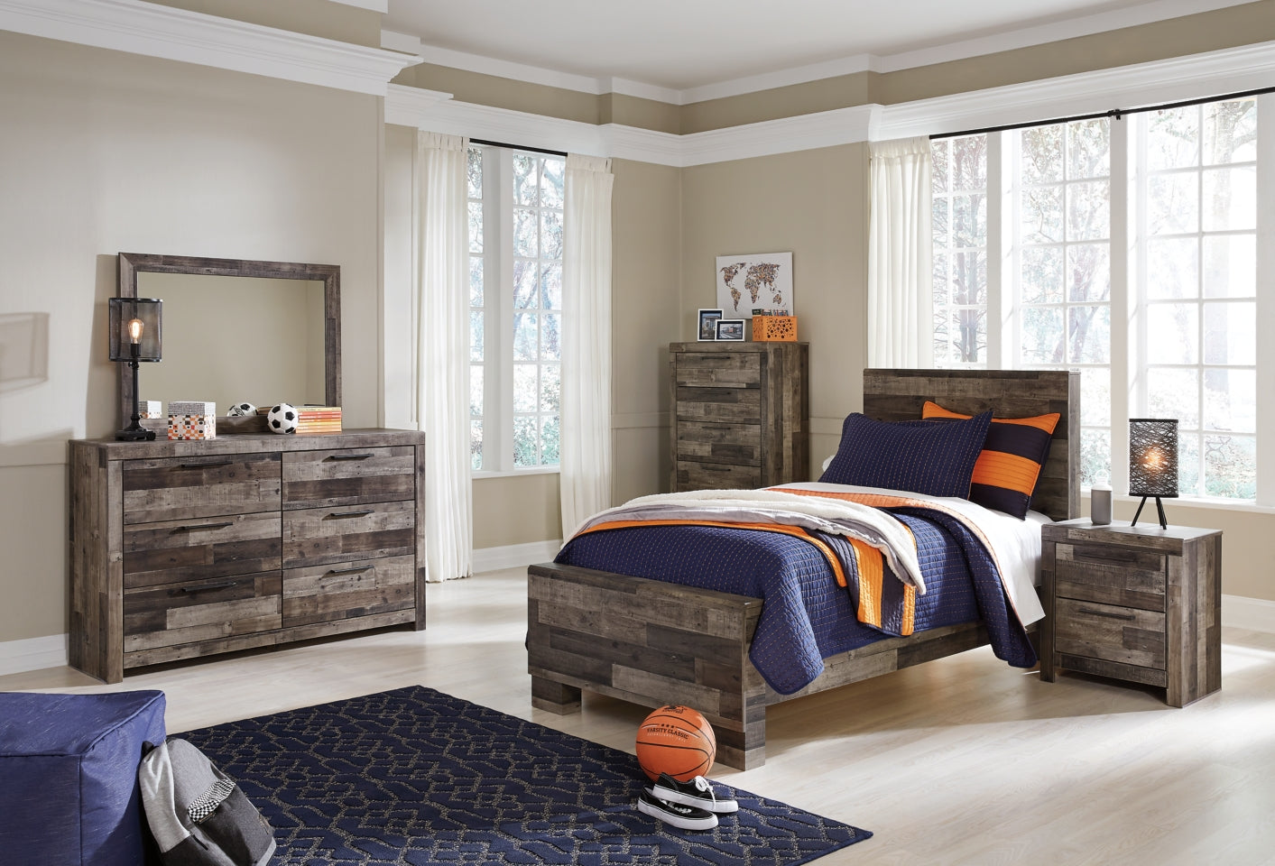Derekson Twin Panel Bed with Mirrored Dresser, Chest and Nightstand - furniture place usa