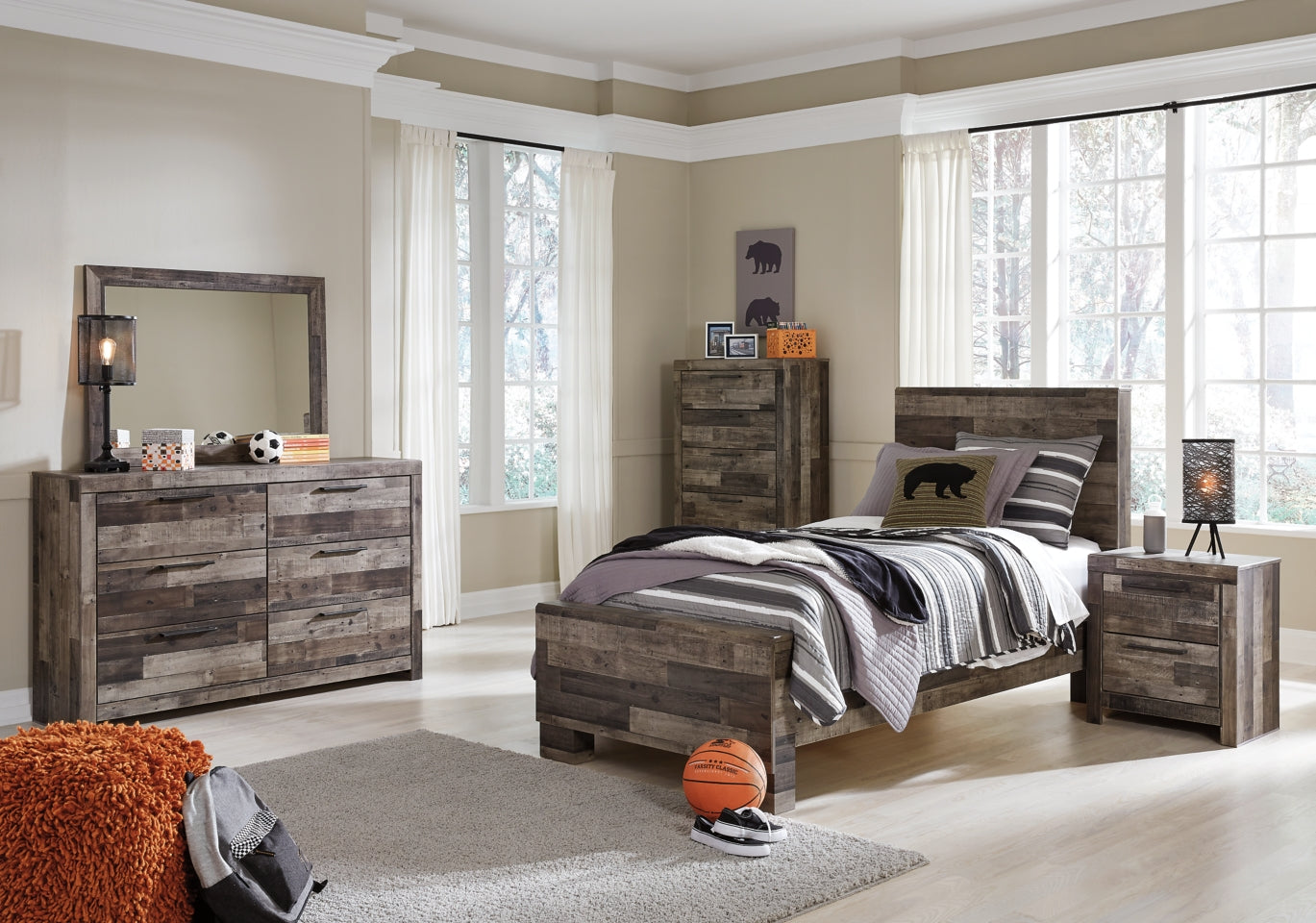 Derekson Twin Panel Bed with Mirrored Dresser, Chest and Nightstand - furniture place usa